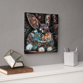 Whimsisches Bunny Rabbit Abstrakt Black Aquamarin Quadratische Wanduhr