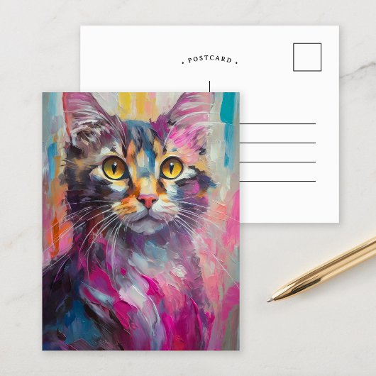 Whimsisches Cat Portrait Abstrakt Moderne Kunst Postkarte
