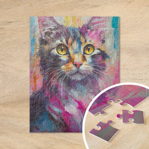 Whimsisches Cat Portrait Abstrakt Moderne Kunst Puzzle