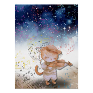 Whimsisches Cat Violinist Fantasy Art Poster
