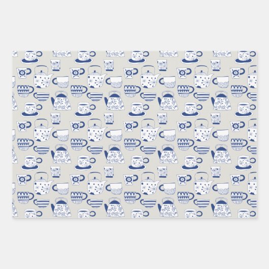 Whimsisches chinesisch-japanisches Teapots Teacups Geschenkpapier Set (Vorderseite)