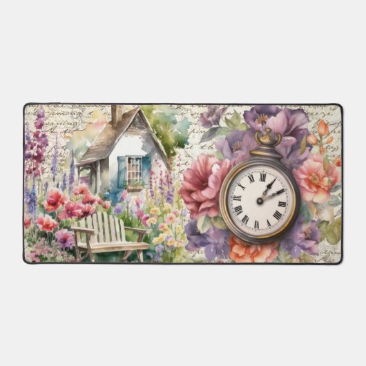 Whimsisches Englisch Hütte House Blume beobachten Schreibtischunterlage (Vorderseite)