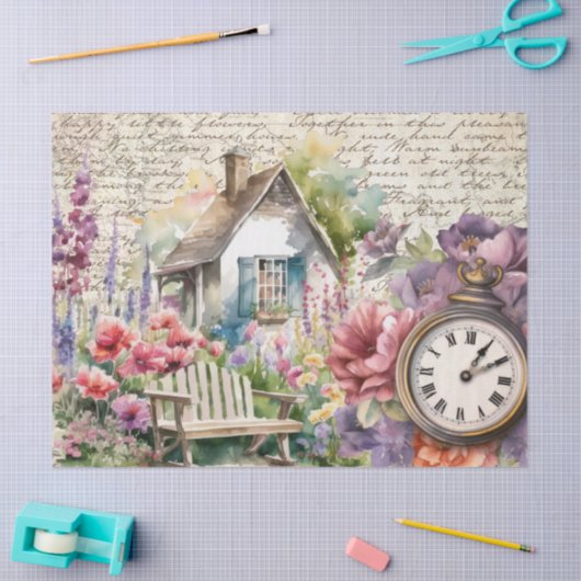 Whimsisches Englisch Hütte House Blume beobachten Seidenpapier (Basteln)