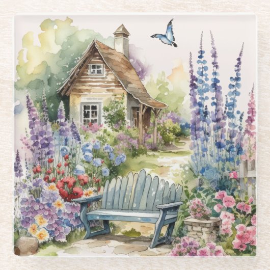 Whimsisches Englisch Hütte House Blumengarten Glasuntersetzer (Vorderseite)
