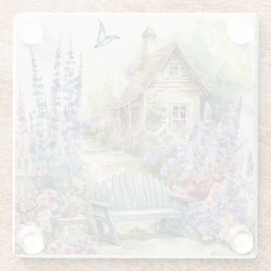 Whimsisches Englisch Hütte House Blumengarten Glasuntersetzer (Rückseite)