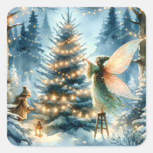 Whimsisches Fairies im Winter Wonderland Quadratischer Aufkleber