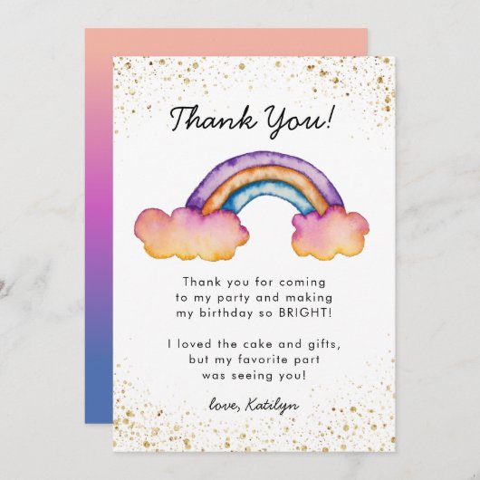 Whimsisches farbiges Regenbogen Geburtstag Dankeskarte (Vorne/Hinten)