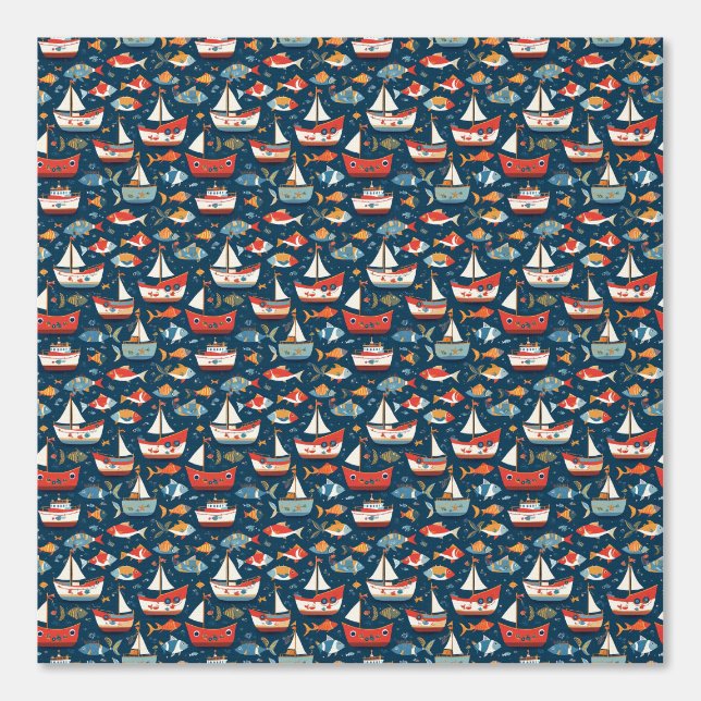 Whimsisches Fisch- und Bootsmuster Tapete (Vorderseite)