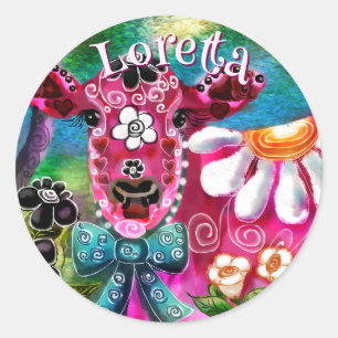 Whimsisches Floral Kuh Pink Aquamarin Schwarz Pers Runder Aufkleber