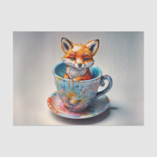 Whimsisches Fox-Kit im Teacup-Dekoupage-Papier Seidenpapier (Vorderseite)