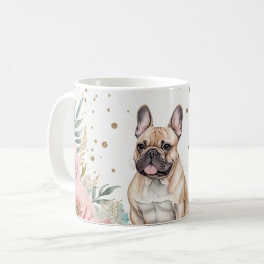 Whimsisches französisches Bulldog mit floralen Akz Kaffeetasse (Vorderseite Links)