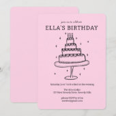 Whimsisches Geburtstagskuchen Doodle Niedliches ku Einladung (Vorne/Hinten)