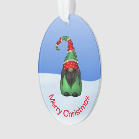 Whimsisches Gnome an einem schneebedeckten Weihnac Ornament (Vorderseite)