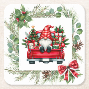 Whimsisches Gnome in Red Truck mit Weihnachtskranz Rechteckiger Pappuntersetzer