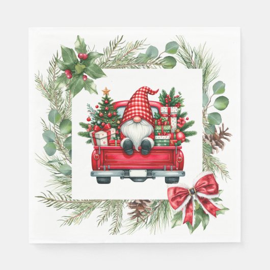 Whimsisches Gnome in Red Truck mit Weihnachtskranz Serviette (Vorderseite)