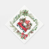 Whimsisches Gnome in Red Truck mit Weihnachtskranz Serviette (Ecke)