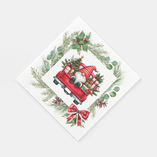 Whimsisches Gnome in Red Truck mit Weihnachtskranz Serviette (Ecke)
