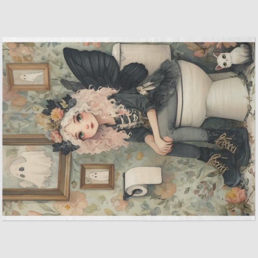 Whimsisches Halloween Fairy und Cat Decoupage Seidenpapier (Vorderseite)