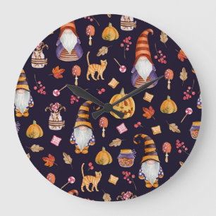 Whimsisches Halloween: Gnomes & Pumpkins Große Wanduhr