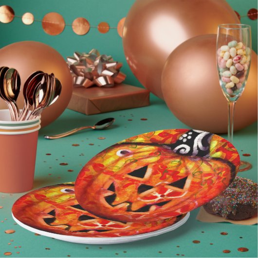 Whimsisches Halloween-Jack-O-Lantern Abstrakt-Oran Pappteller (Multi)