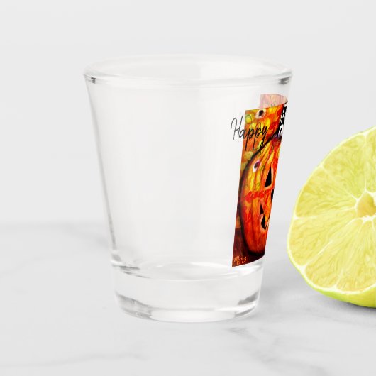 Whimsisches Halloween-Jack-O-Lantern Abstrakt-Oran Schnapsglas (Links)