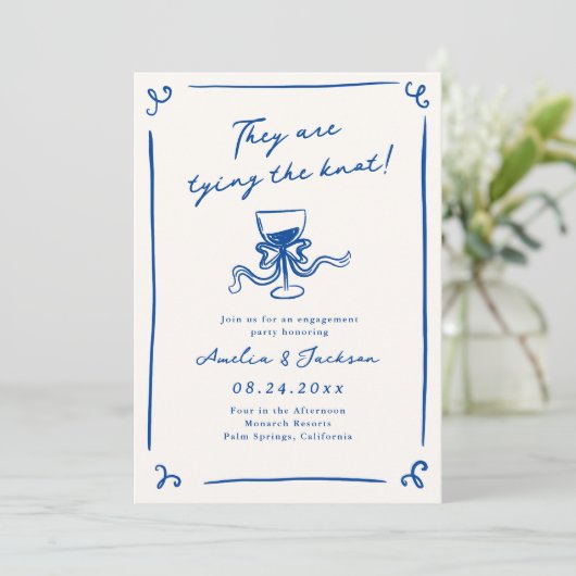 Whimsisches Handgezeichnetes blaues Engagement der Einladung (Stehend Vorderseite)