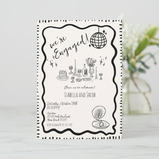 Whimsisches Handgezeichnetes, verrücktes Wavy-Enga Einladung (Stehend Vorderseite)