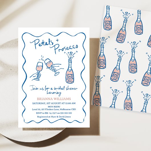 Whimsisches Handgezogenes Petals Prosecco-Brautpar Einladung