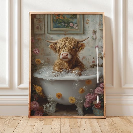 Whimsisches Highland Cow in Buben Bath Wall Art Poster