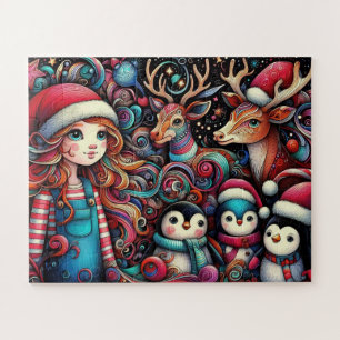 Whimsisches Kind, Rentier und Pinguine Puzzle