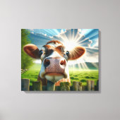 Whimsisches Kuh-Peering über Zaun Leinwanddruck (Vorderseite)