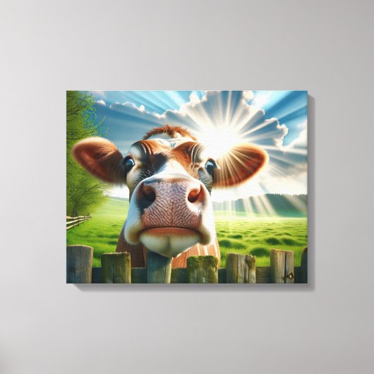 Whimsisches Kuh-Peering über Zaun Leinwanddruck (Vorderseite)