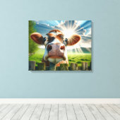 Whimsisches Kuh-Peering über Zaun Leinwanddruck (Insitu (Holzboden))