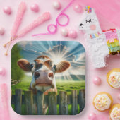 Whimsisches Kuh-Peering über Zaun Pappteller (Party)