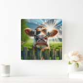 Whimsisches Kuh-Peering über Zaun Quadratische Wanduhr (Zuhause)