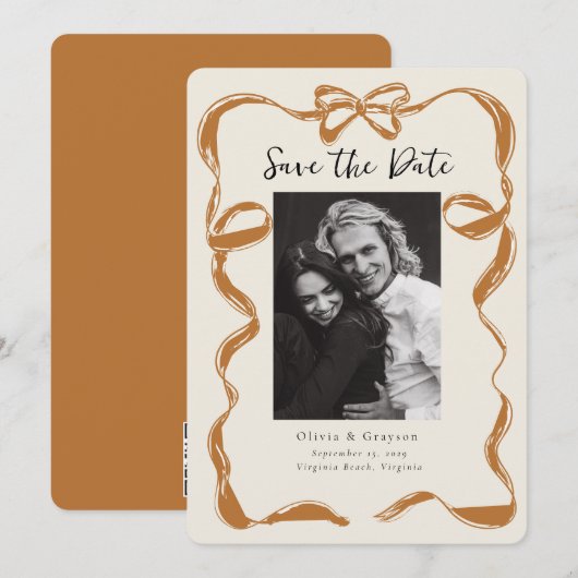 Whimsisches Kupfer-Foto Bow Save the Date (Vorne/Hinten)