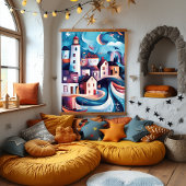 Whimsisches Küstendorf Artwork Wandteppich Mit Holzrahmen