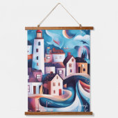 Whimsisches Küstendorf Artwork Wandteppich Mit Holzrahmen (Vorderseite)