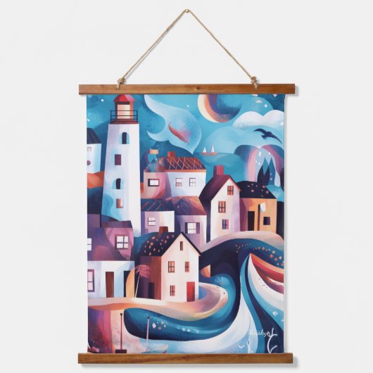 Whimsisches Küstendorf Artwork Wandteppich Mit Holzrahmen (Vorderseite)