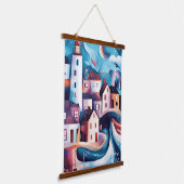 Whimsisches Küstendorf Artwork Wandteppich Mit Holzrahmen (Gewinkelt)