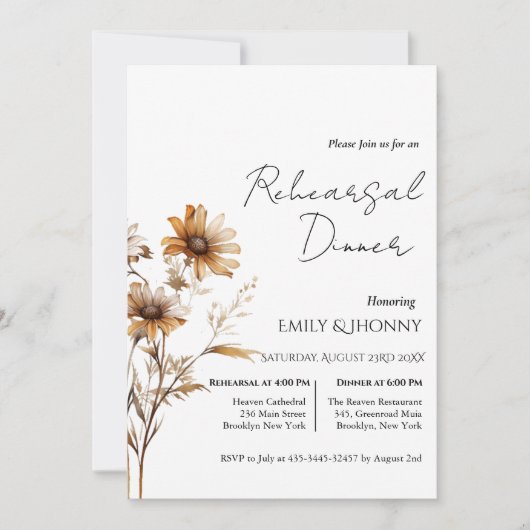 Whimsisches Mongram Wildblume Probe Dinner Einladung (Vorderseite)