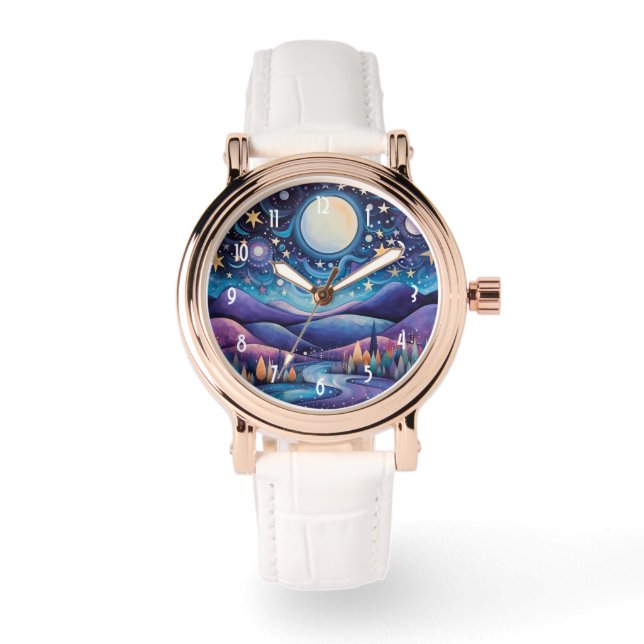 Whimsisches Nachtleben Big Moon Landschaft Armbanduhr (Vorderseite)
