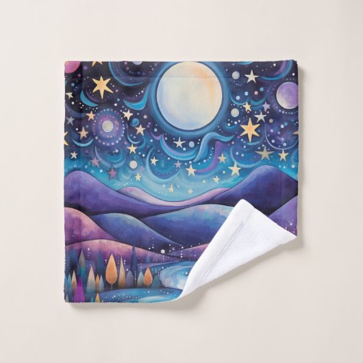 Whimsisches Nachtleben Big Moon Landschaft Badhandtuch Set (Waschlappen)