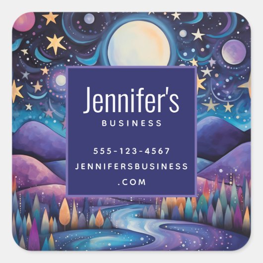 Whimsisches Nachtleben Big Moon Landschaft Busines Quadratischer Aufkleber (Vorderseite)