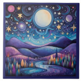 Whimsisches Nachtleben Big Moon Landschaft Fliese (Vorderseite)