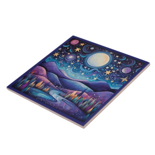 Whimsisches Nachtleben Big Moon Landschaft Fliese (Seite)