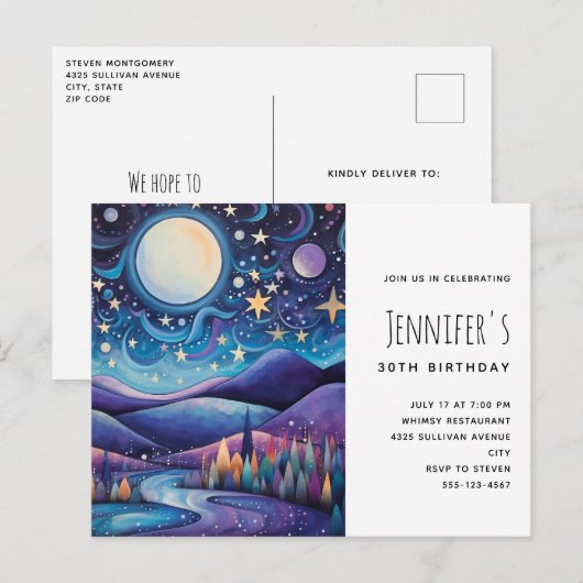 Whimsisches Nachtleben Big Moon Landschaft Geburts Einladungspostkarte (Vorne/Hinten)