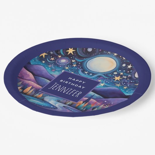 Whimsisches Nachtleben Big Moon Landschaft Geburts Pappteller (Schrägansicht)