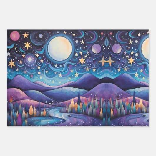 Whimsisches Nachtleben Big Moon Landschaft Geschenkpapier Set (Vorderseite)