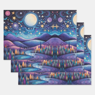 Whimsisches Nachtleben Big Moon Landschaft Geschenkpapier Set